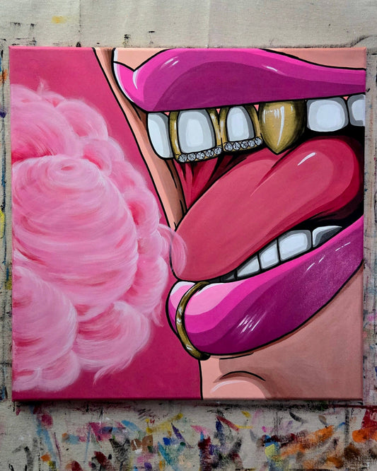 Surreal painting of a mouth with pink lips  and gold grillz eating cotton candy